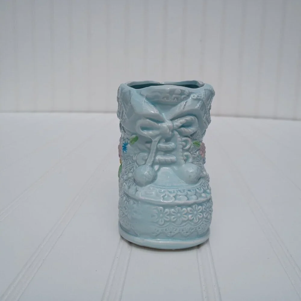 Napco Japan Vintage Baby Bootie Planter Blue Ceramic Laced Flower Mid-Century 4